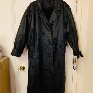 Phase Two Long Black Leather Trench Coat Womens Size XL Belted New With Tags